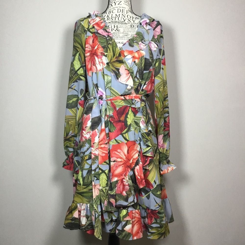 Ella Moss exotic flower pattern midi dress ruffle wrap front belter waist sz M